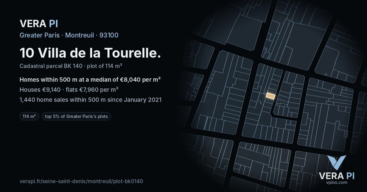 10 Villa de la Tourelle, Montreuil at night – the plot lit, the parcels around coloured by the prices near them
