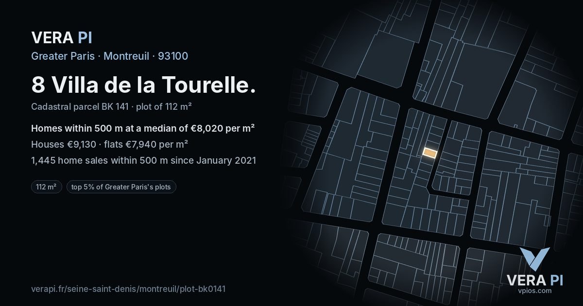 8 Villa de la Tourelle, Montreuil at night – the plot lit, the parcels around coloured by the prices near them