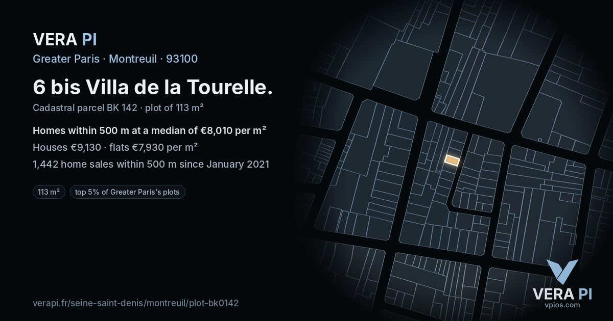 6 bis Villa de la Tourelle, Montreuil at night – the plot lit, the parcels around coloured by the prices near them
