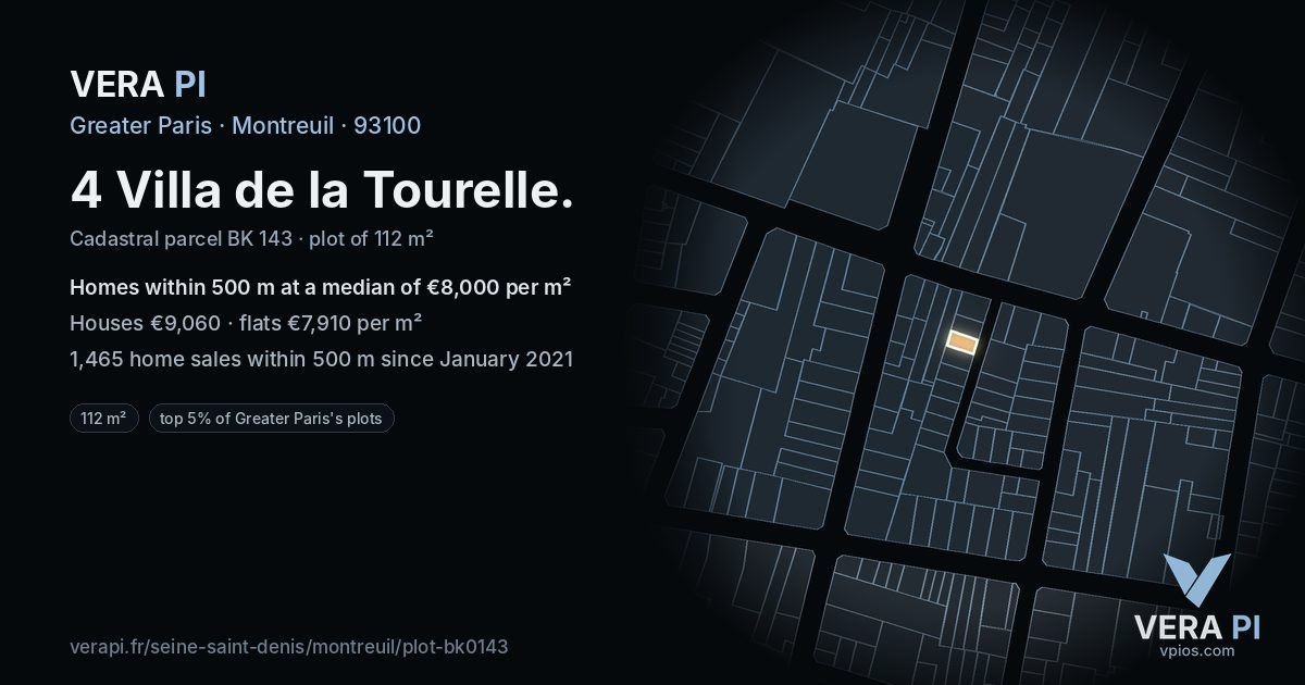 4 Villa de la Tourelle, Montreuil at night – the plot lit, the parcels around coloured by the prices near them