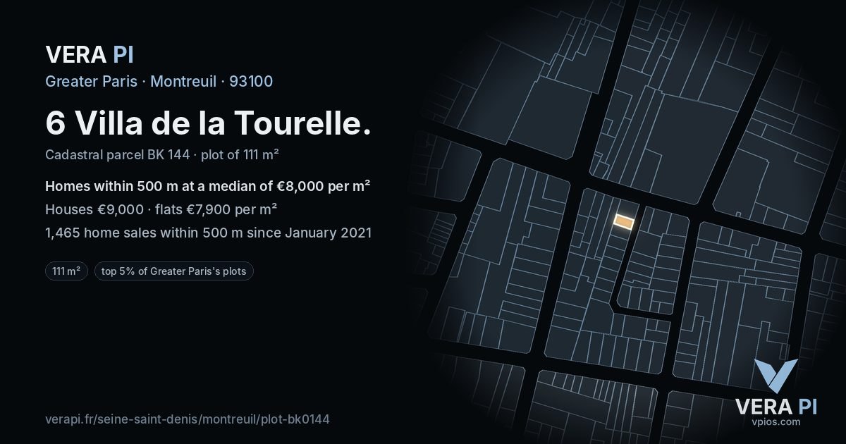 6 Villa de la Tourelle, Montreuil at night – the plot lit, the parcels around coloured by the prices near them