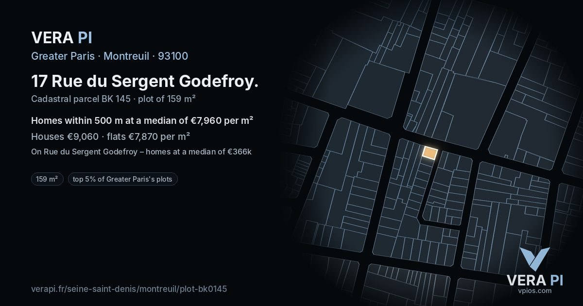 17 Rue du Sergent Godefroy, Montreuil at night – the plot lit, the parcels around coloured by the prices near them