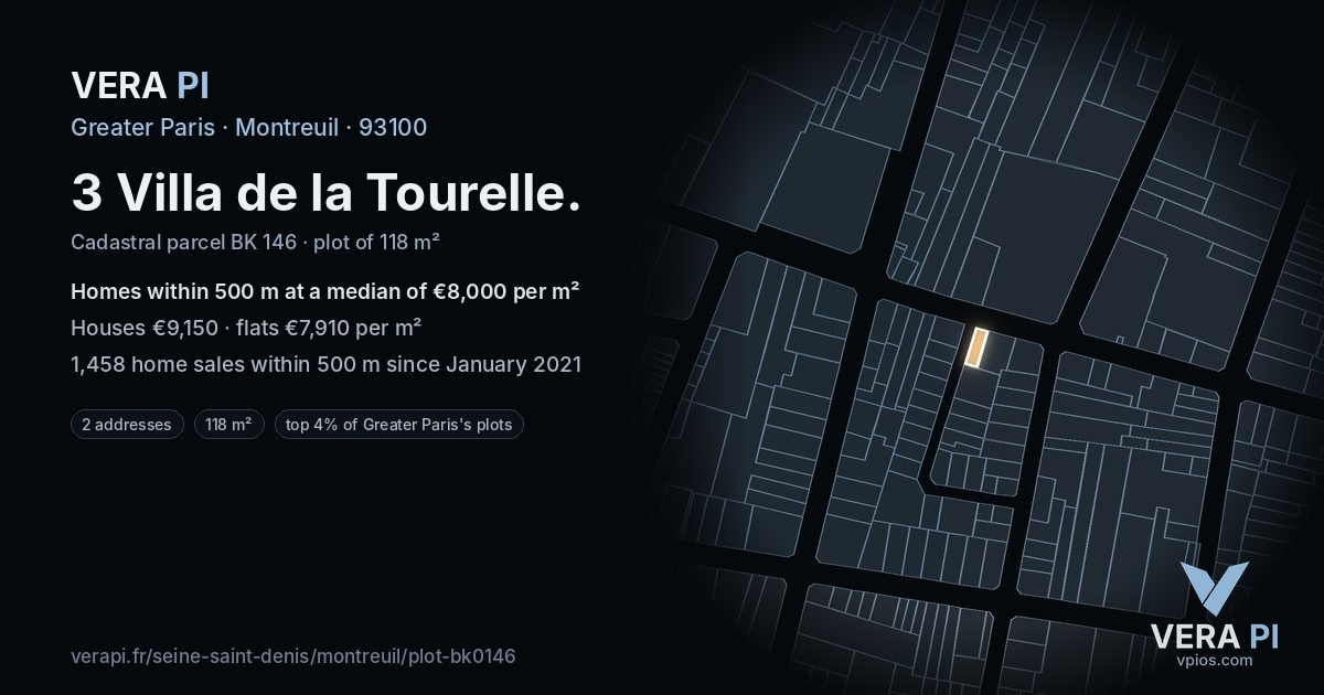 3 Villa de la Tourelle, Montreuil at night – the plot lit, the parcels around coloured by the prices near them