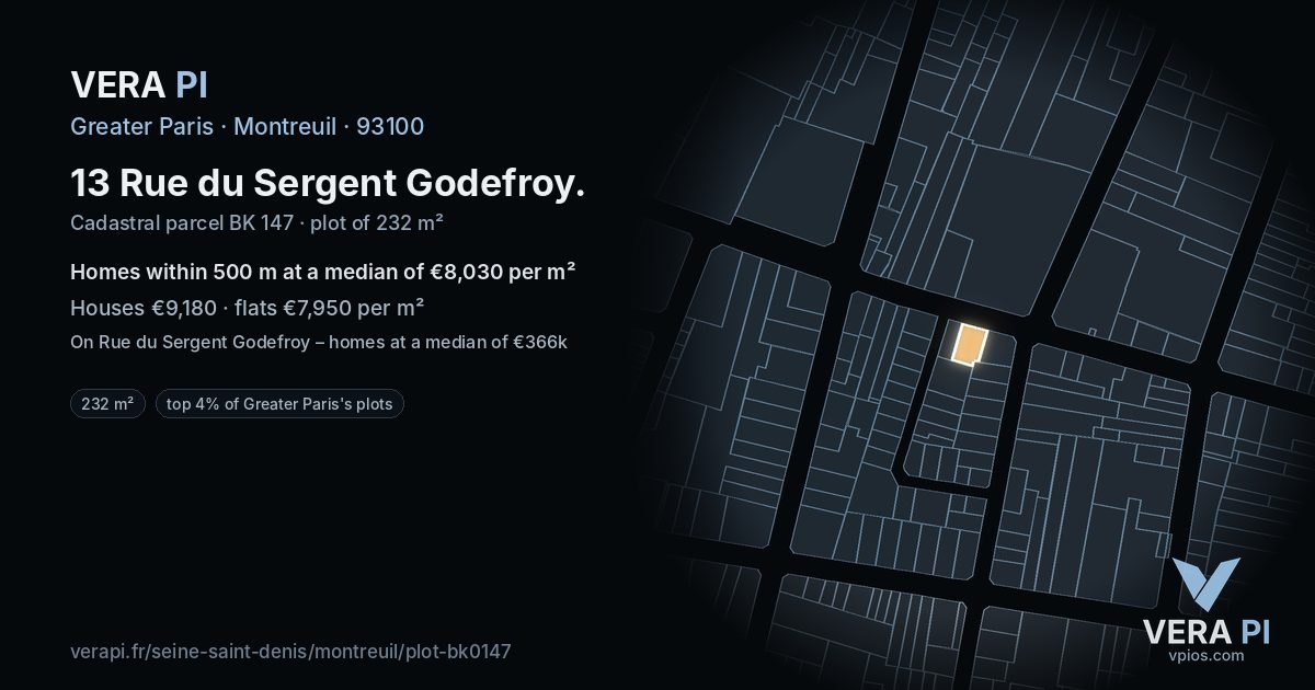 13 Rue du Sergent Godefroy, Montreuil at night – the plot lit, the parcels around coloured by the prices near them