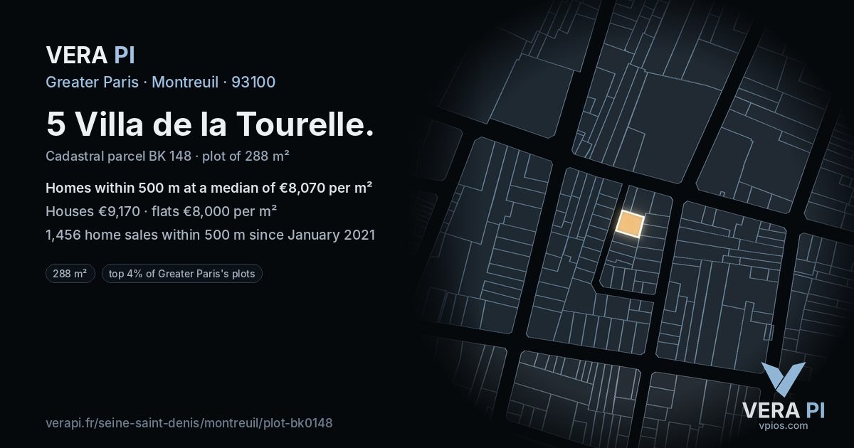 5 Villa de la Tourelle, Montreuil at night – the plot lit, the parcels around coloured by the prices near them