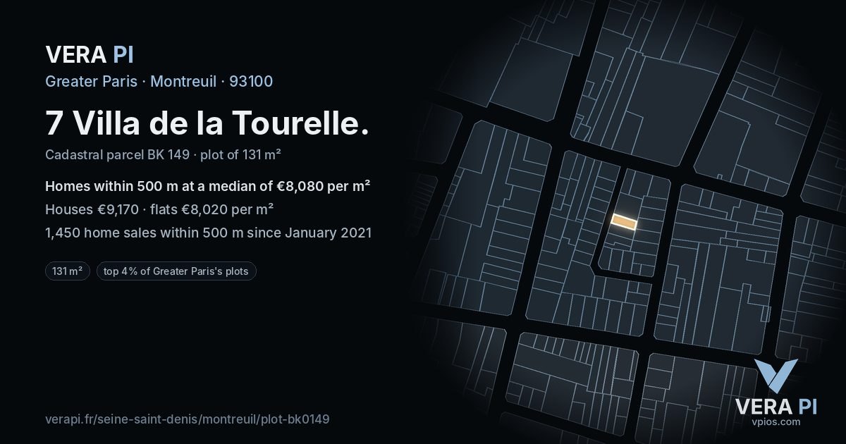 7 Villa de la Tourelle, Montreuil at night – the plot lit, the parcels around coloured by the prices near them