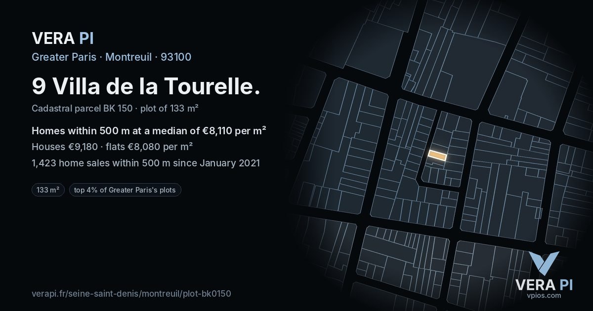 9 Villa de la Tourelle, Montreuil at night – the plot lit, the parcels around coloured by the prices near them