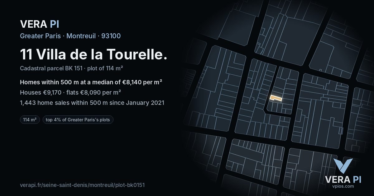 11 Villa de la Tourelle, Montreuil at night – the plot lit, the parcels around coloured by the prices near them