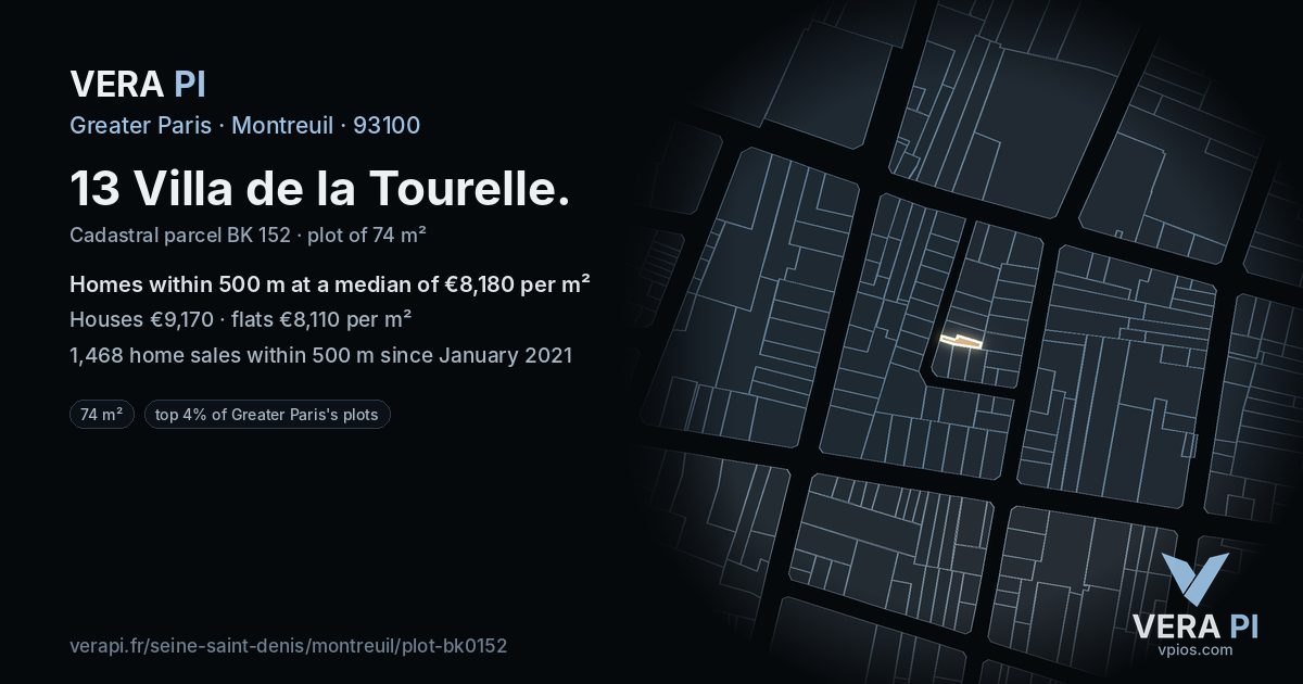 13 Villa de la Tourelle, Montreuil at night – the plot lit, the parcels around coloured by the prices near them