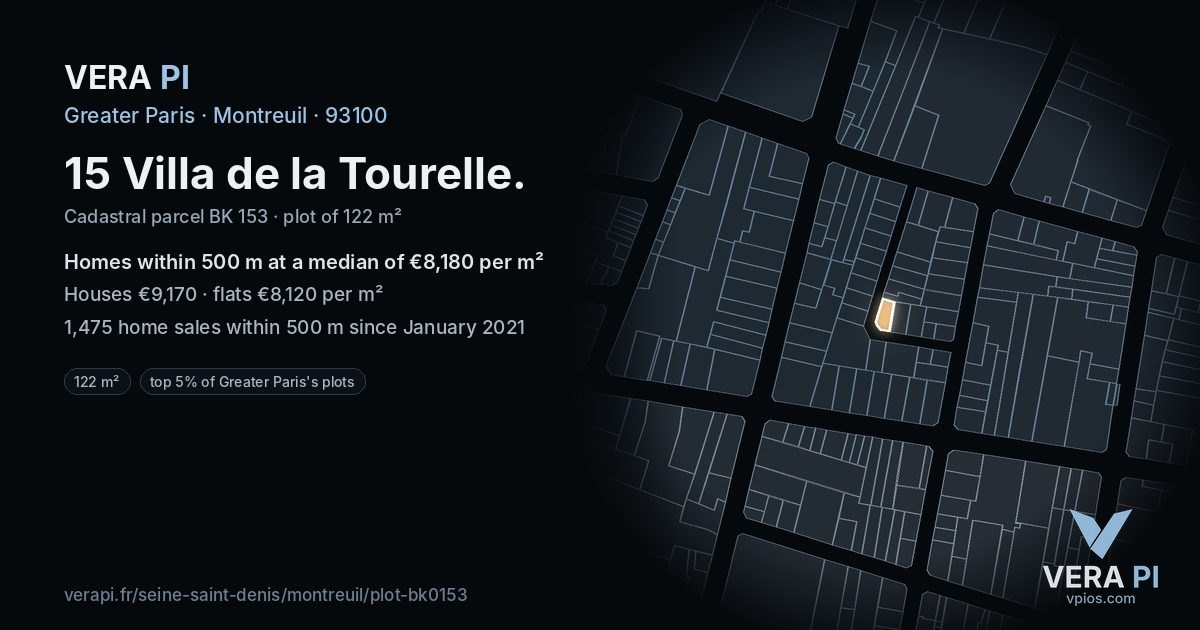 15 Villa de la Tourelle, Montreuil at night – the plot lit, the parcels around coloured by the prices near them