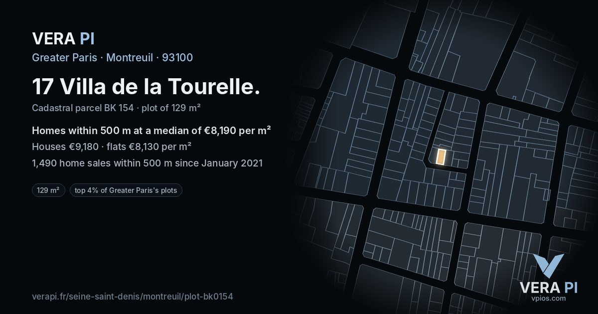 17 Villa de la Tourelle, Montreuil at night – the plot lit, the parcels around coloured by the prices near them