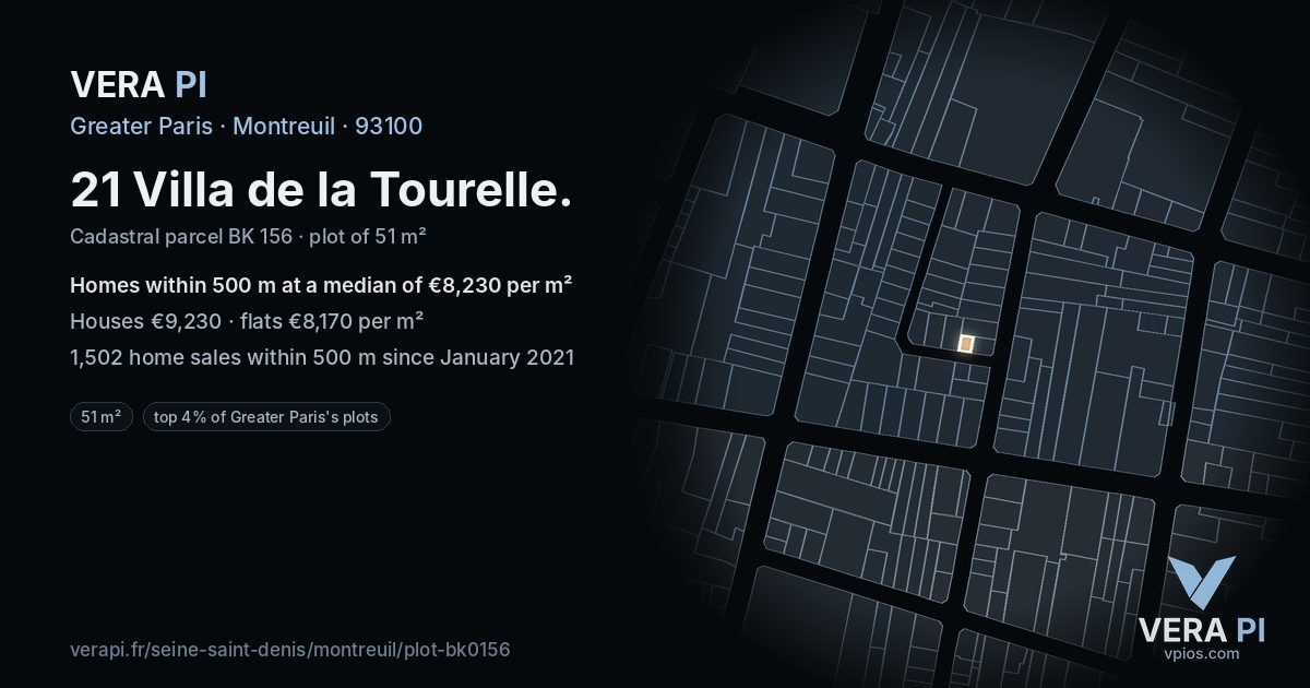 21 Villa de la Tourelle, Montreuil at night – the plot lit, the parcels around coloured by the prices near them