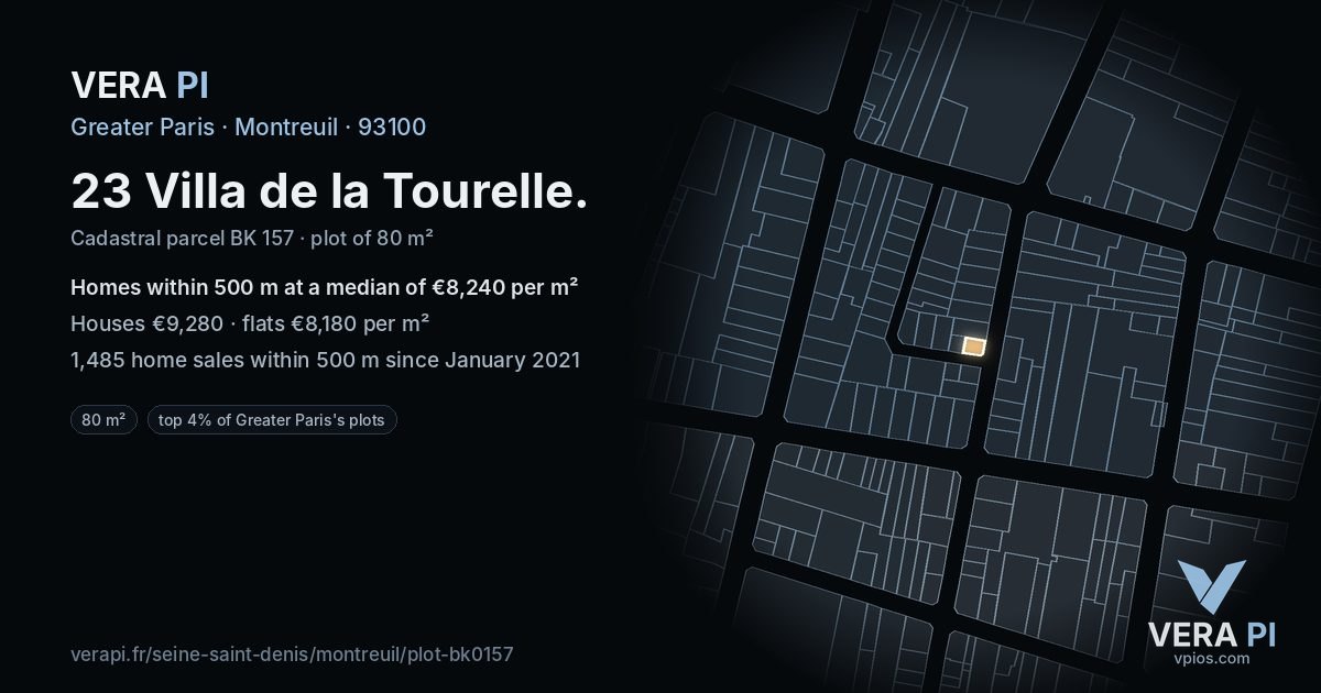 23 Villa de la Tourelle, Montreuil at night – the plot lit, the parcels around coloured by the prices near them