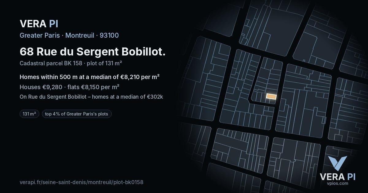 68 Rue du Sergent Bobillot, Montreuil at night – the plot lit, the parcels around coloured by the prices near them