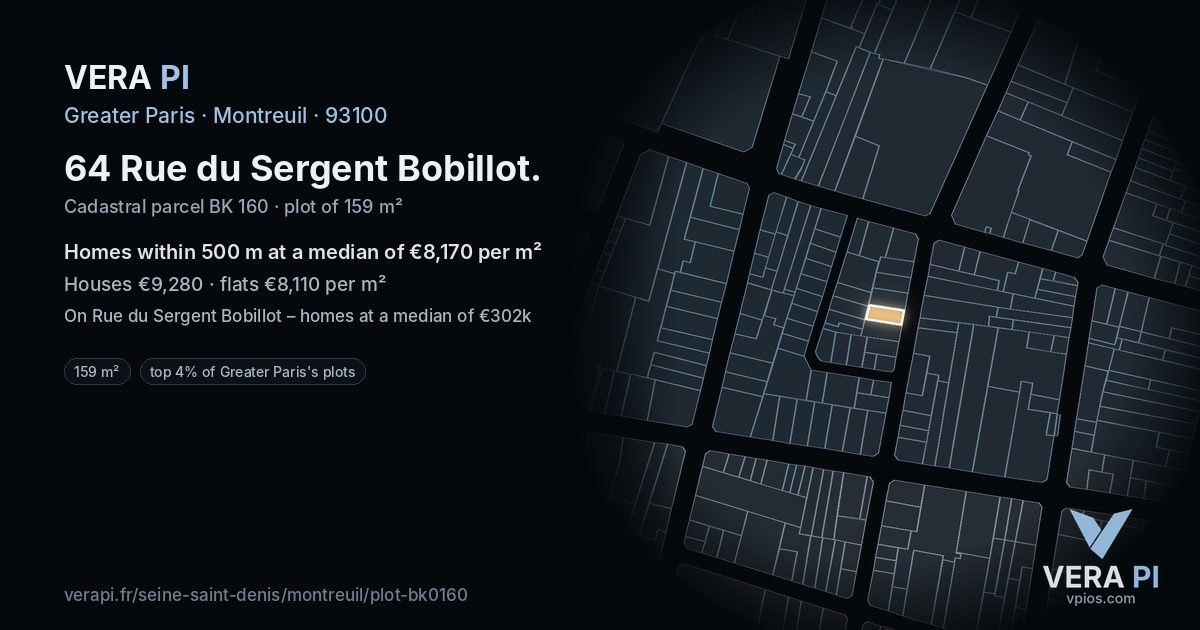 64 Rue du Sergent Bobillot, Montreuil at night – the plot lit, the parcels around coloured by the prices near them