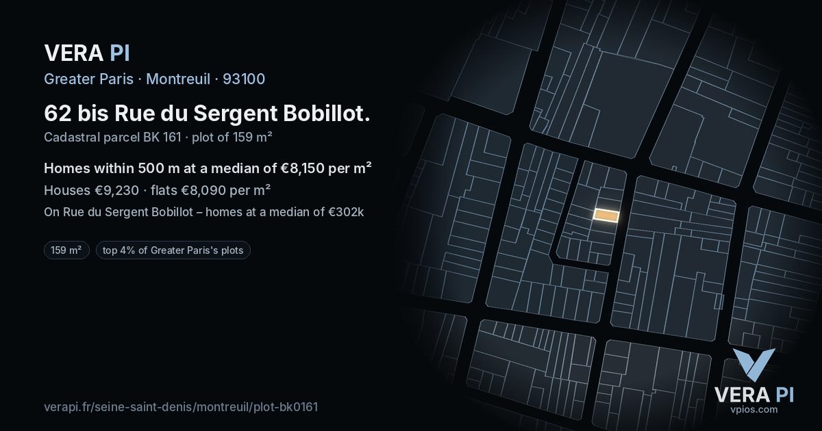 62 bis Rue du Sergent Bobillot, Montreuil at night – the plot lit, the parcels around coloured by the prices near them