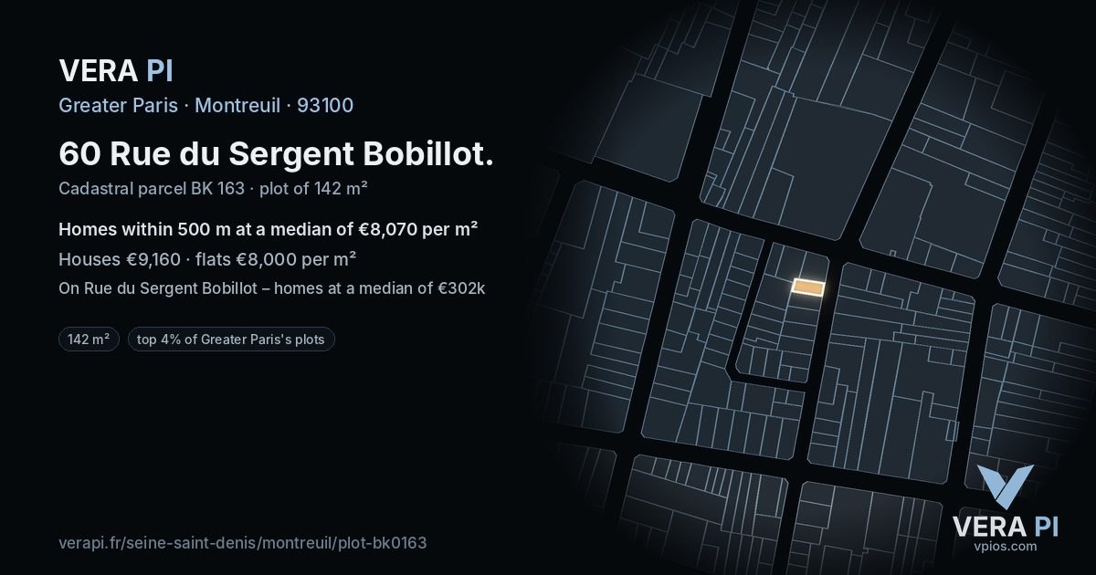 60 Rue du Sergent Bobillot, Montreuil at night – the plot lit, the parcels around coloured by the prices near them