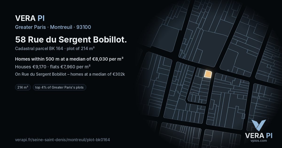 58 Rue du Sergent Bobillot, Montreuil at night – the plot lit, the parcels around coloured by the prices near them