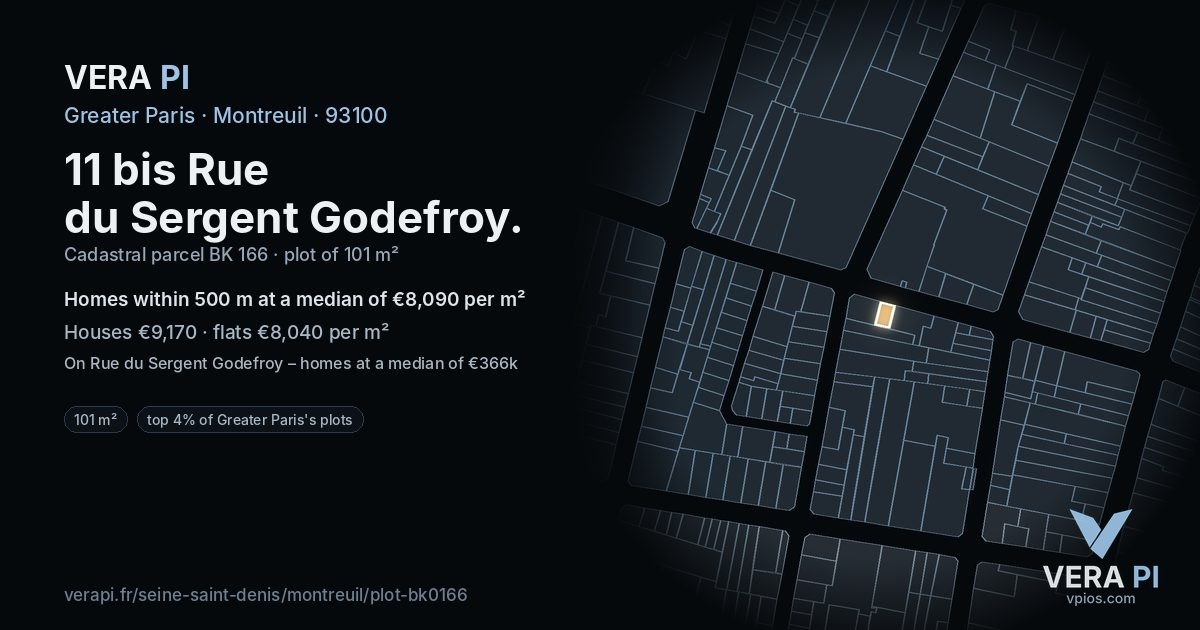 11 bis Rue du Sergent Godefroy, Montreuil at night – the plot lit, the parcels around coloured by the prices near them