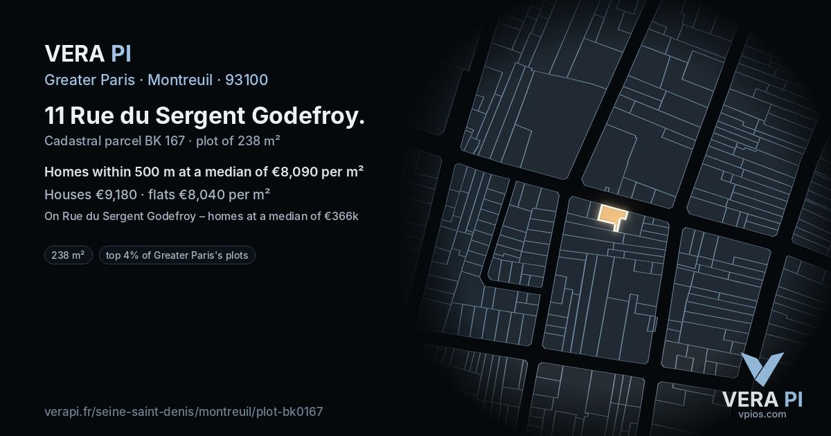 11 Rue du Sergent Godefroy, Montreuil at night – the plot lit, the parcels around coloured by the prices near them