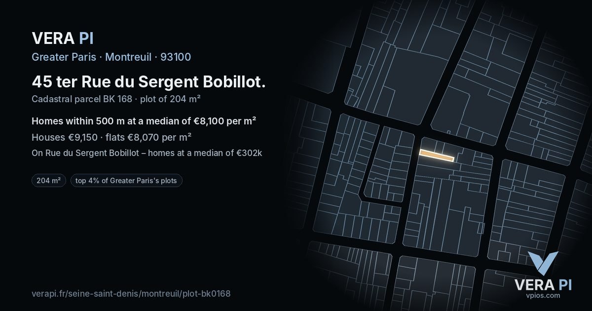 45 ter Rue du Sergent Bobillot, Montreuil at night – the plot lit, the parcels around coloured by the prices near them