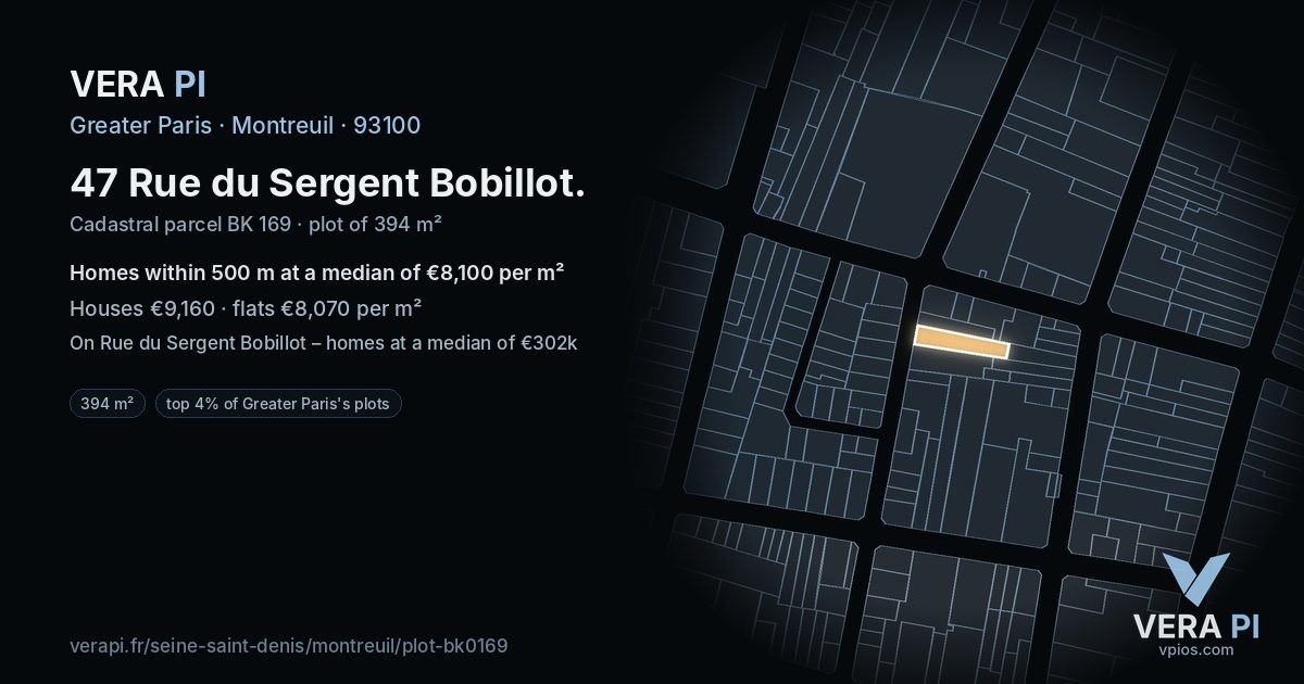 47 Rue du Sergent Bobillot, Montreuil at night – the plot lit, the parcels around coloured by the prices near them