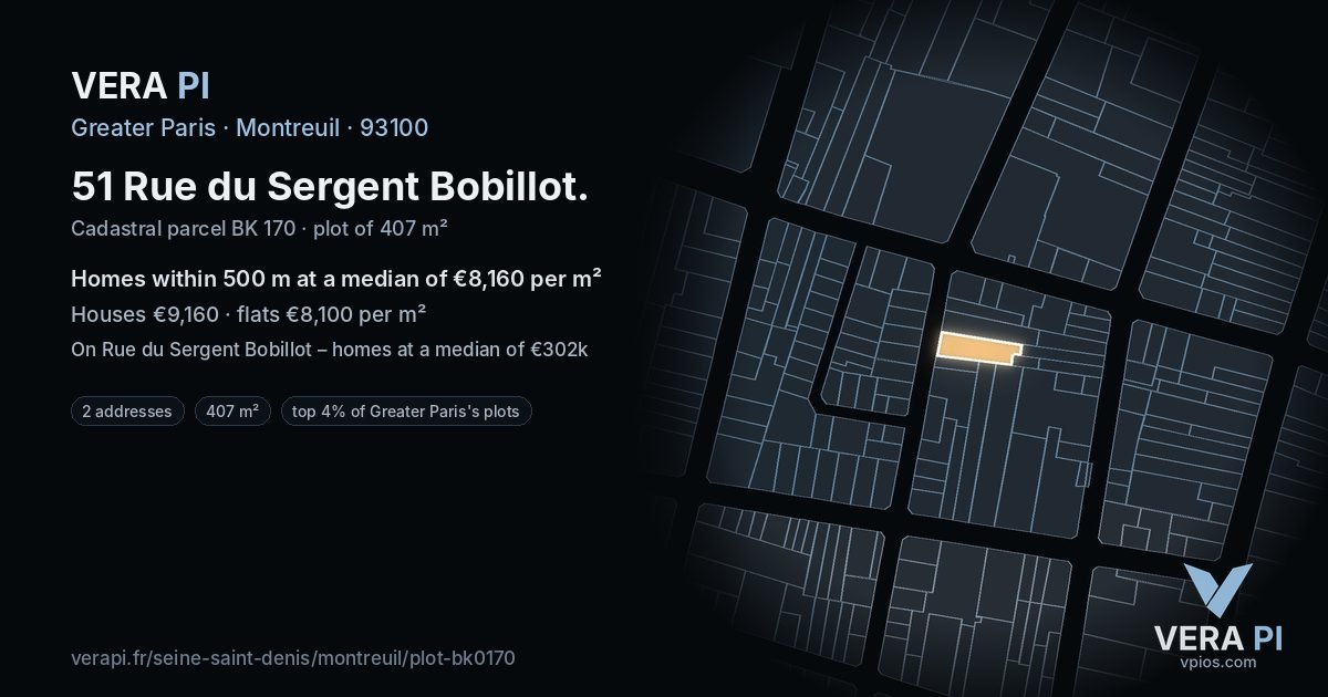 51 Rue du Sergent Bobillot, Montreuil at night – the plot lit, the parcels around coloured by the prices near them