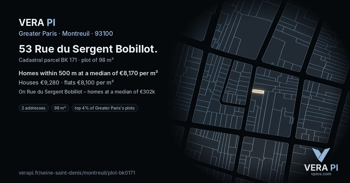 53 Rue du Sergent Bobillot, Montreuil at night – the plot lit, the parcels around coloured by the prices near them