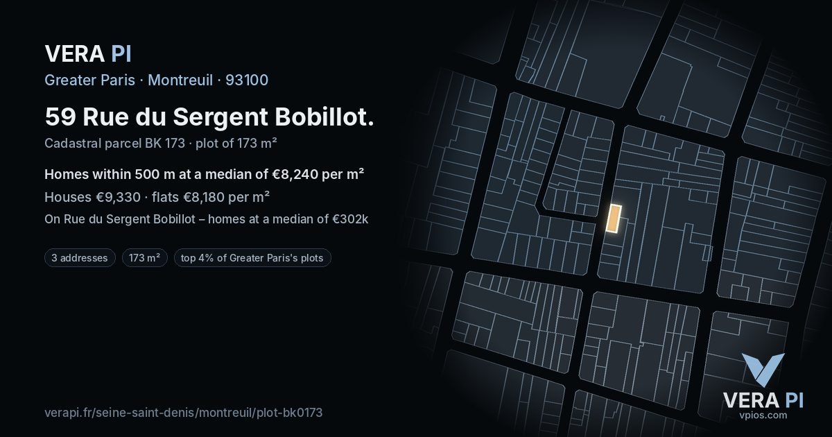 59 Rue du Sergent Bobillot, Montreuil at night – the plot lit, the parcels around coloured by the prices near them