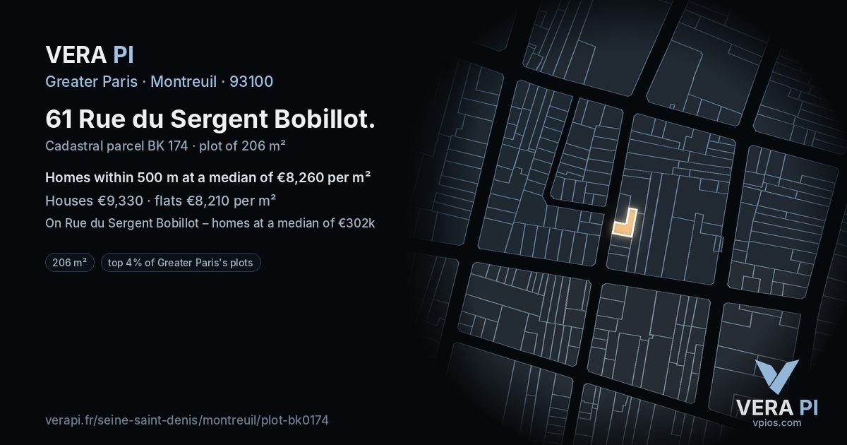 61 Rue du Sergent Bobillot, Montreuil at night – the plot lit, the parcels around coloured by the prices near them