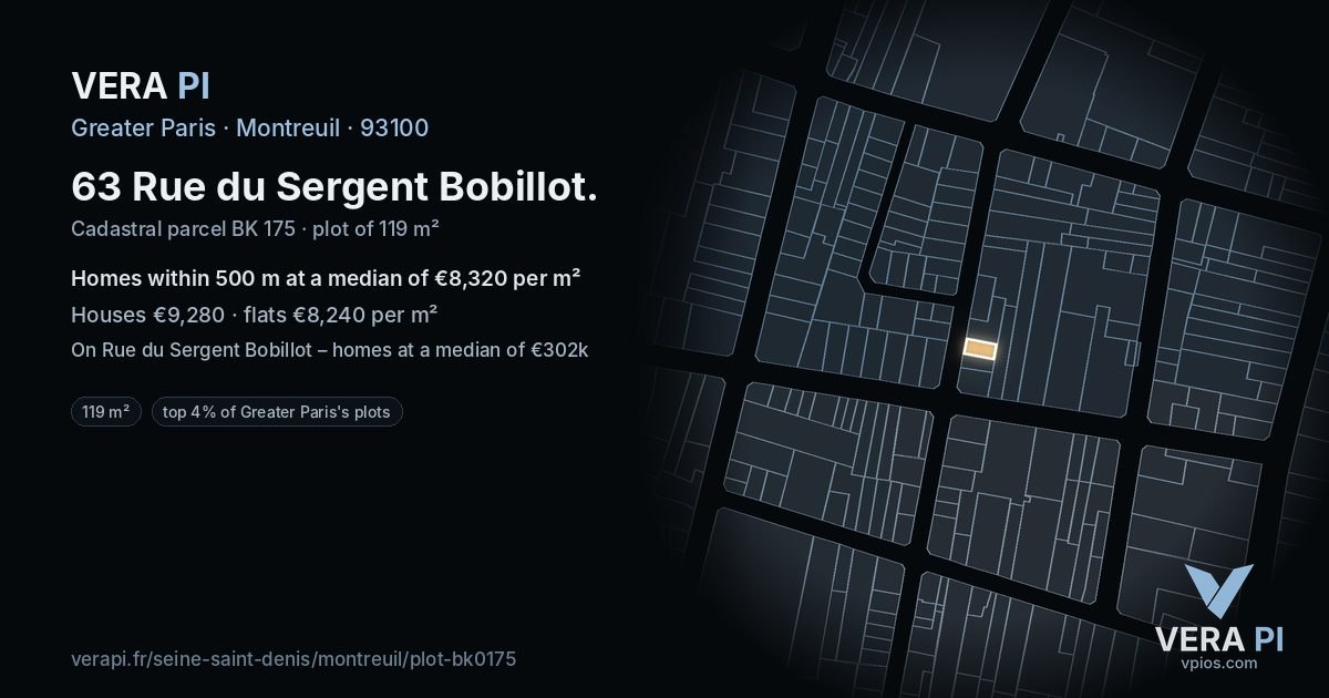 63 Rue du Sergent Bobillot, Montreuil at night – the plot lit, the parcels around coloured by the prices near them