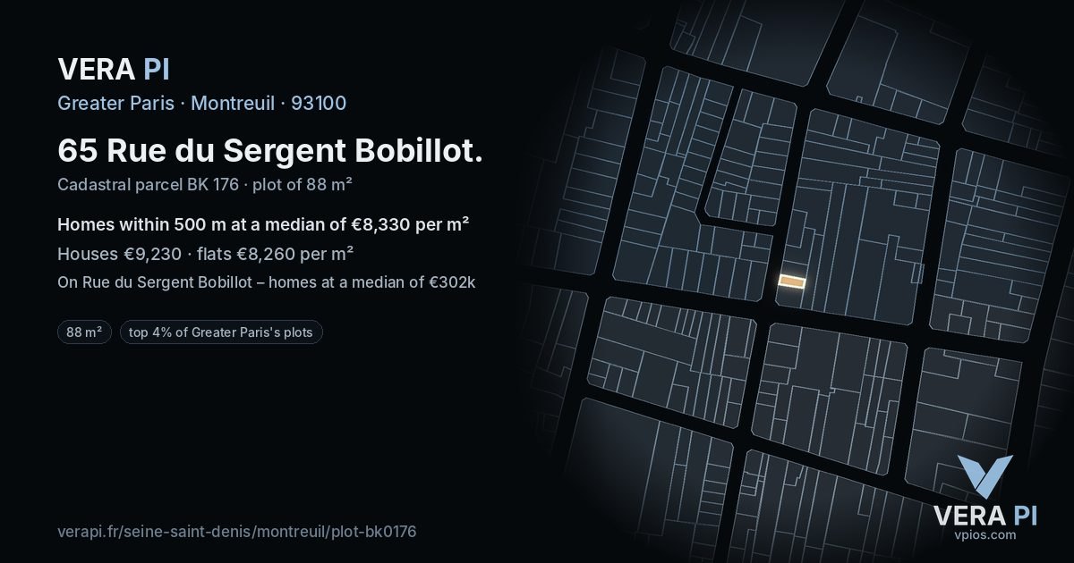 65 Rue du Sergent Bobillot, Montreuil at night – the plot lit, the parcels around coloured by the prices near them