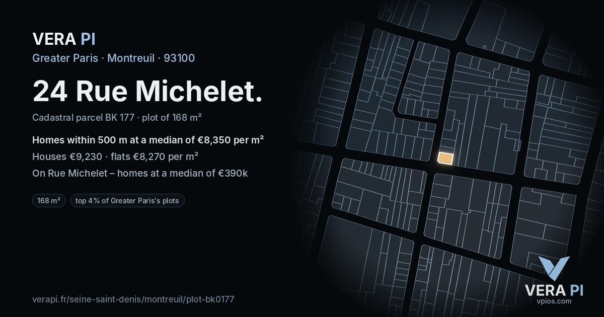 24 Rue Michelet, Montreuil at night – the plot lit, the parcels around coloured by the prices near them