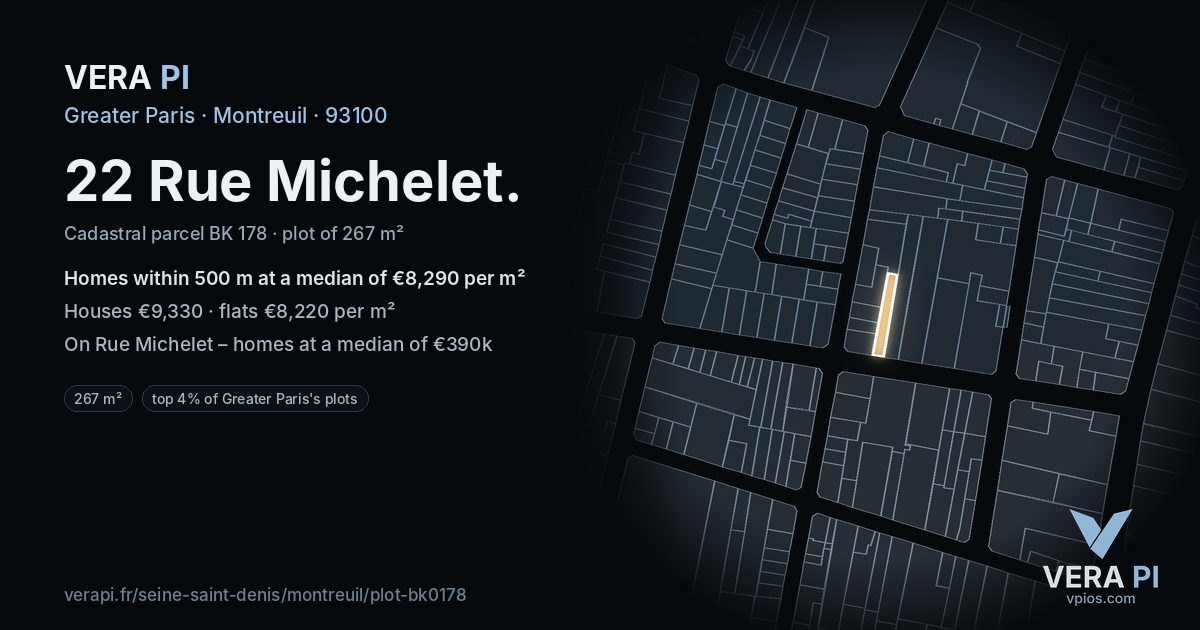 22 Rue Michelet, Montreuil at night – the plot lit, the parcels around coloured by the prices near them