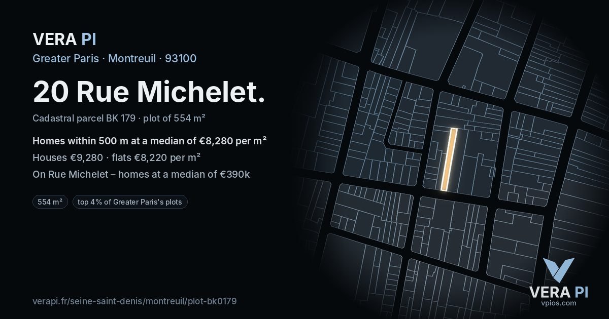 20 Rue Michelet, Montreuil at night – the plot lit, the parcels around coloured by the prices near them