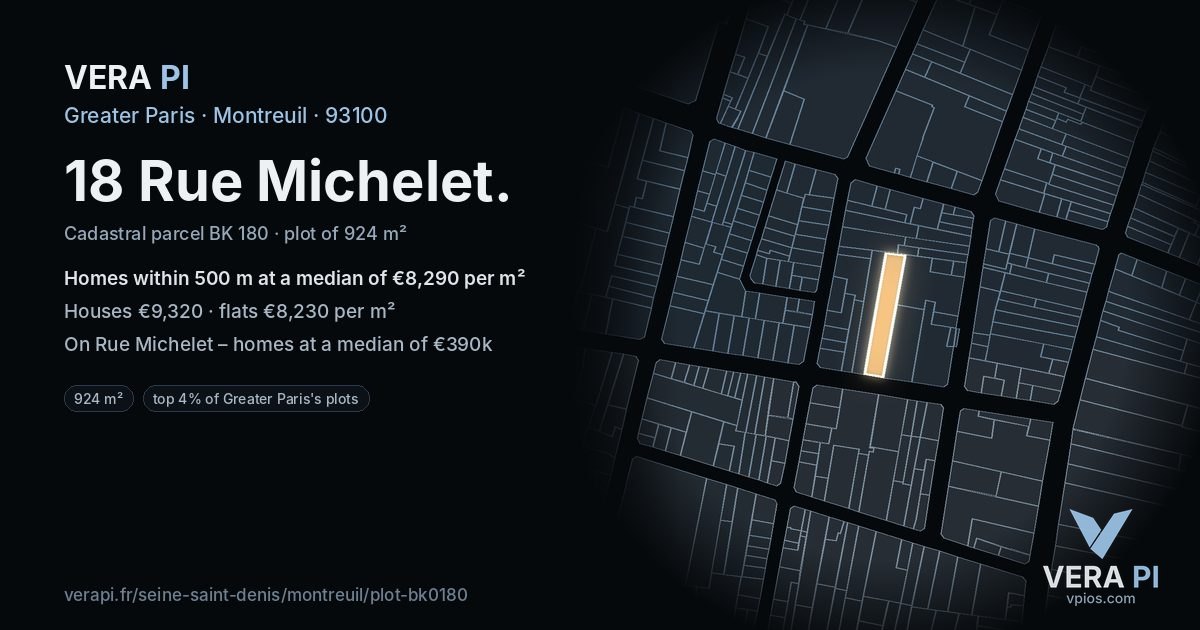 18 Rue Michelet, Montreuil at night – the plot lit, the parcels around coloured by the prices near them