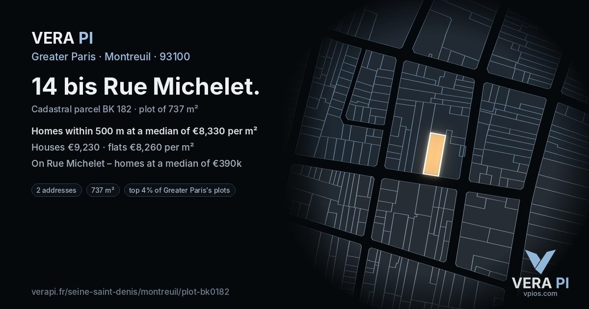 14 bis Rue Michelet, Montreuil at night – the plot lit, the parcels around coloured by the prices near them