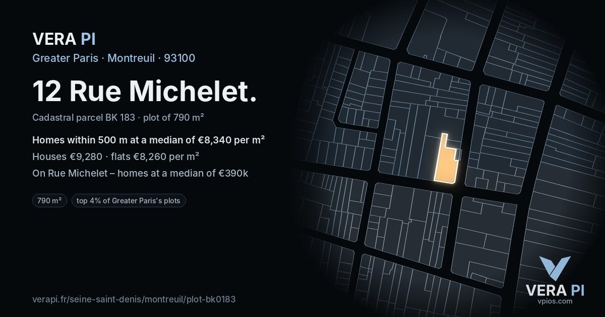 12 Rue Michelet, Montreuil at night – the plot lit, the parcels around coloured by the prices near them