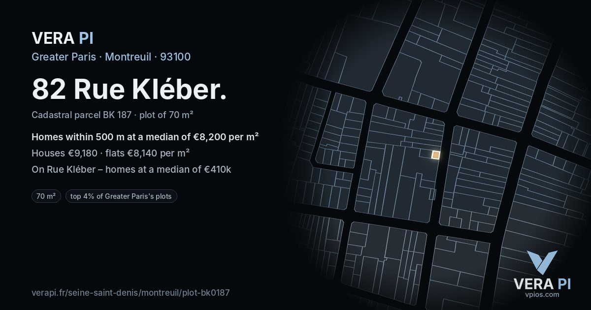 82 Rue Kléber, Montreuil at night – the plot lit, the parcels around coloured by the prices near them