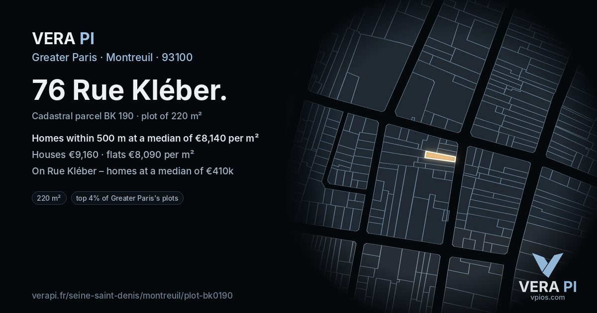 76 Rue Kléber, Montreuil at night – the plot lit, the parcels around coloured by the prices near them