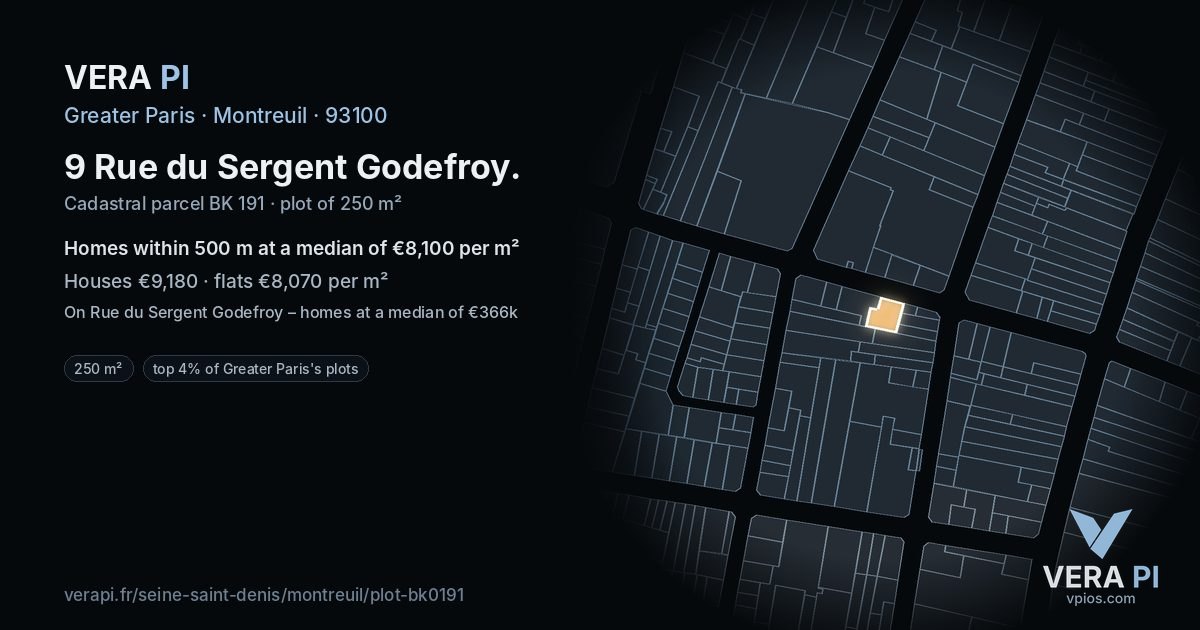9 Rue du Sergent Godefroy, Montreuil at night – the plot lit, the parcels around coloured by the prices near them