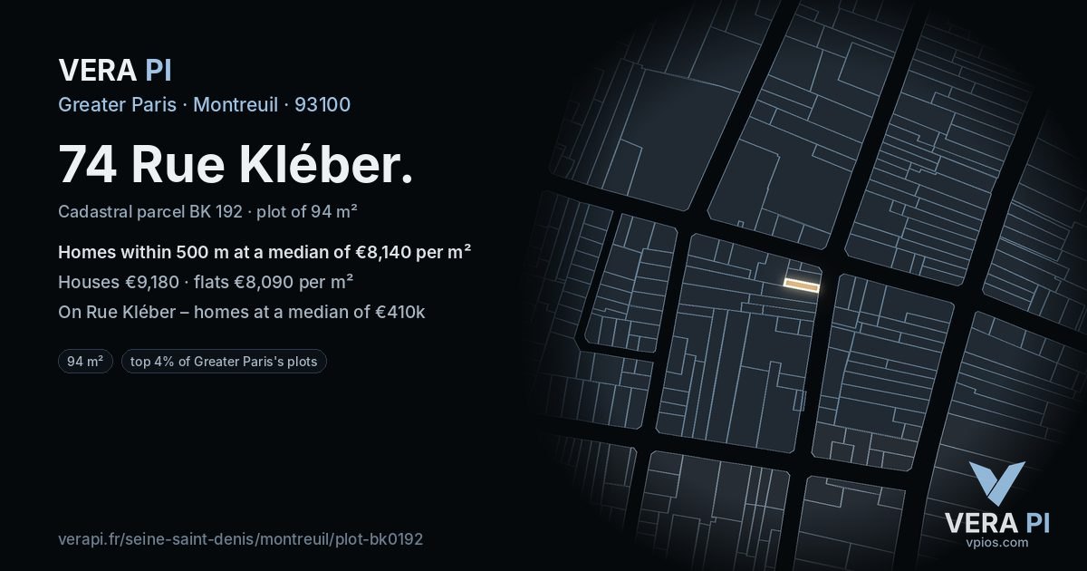 74 Rue Kléber, Montreuil at night – the plot lit, the parcels around coloured by the prices near them