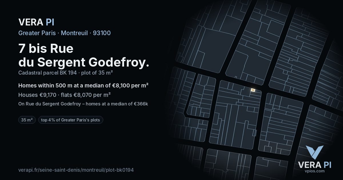 7 bis Rue du Sergent Godefroy, Montreuil at night – the plot lit, the parcels around coloured by the prices near them