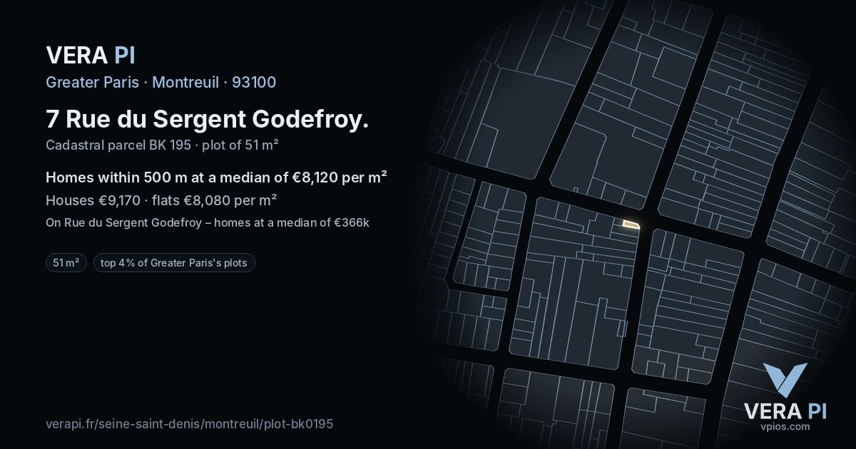 7 Rue du Sergent Godefroy, Montreuil at night – the plot lit, the parcels around coloured by the prices near them