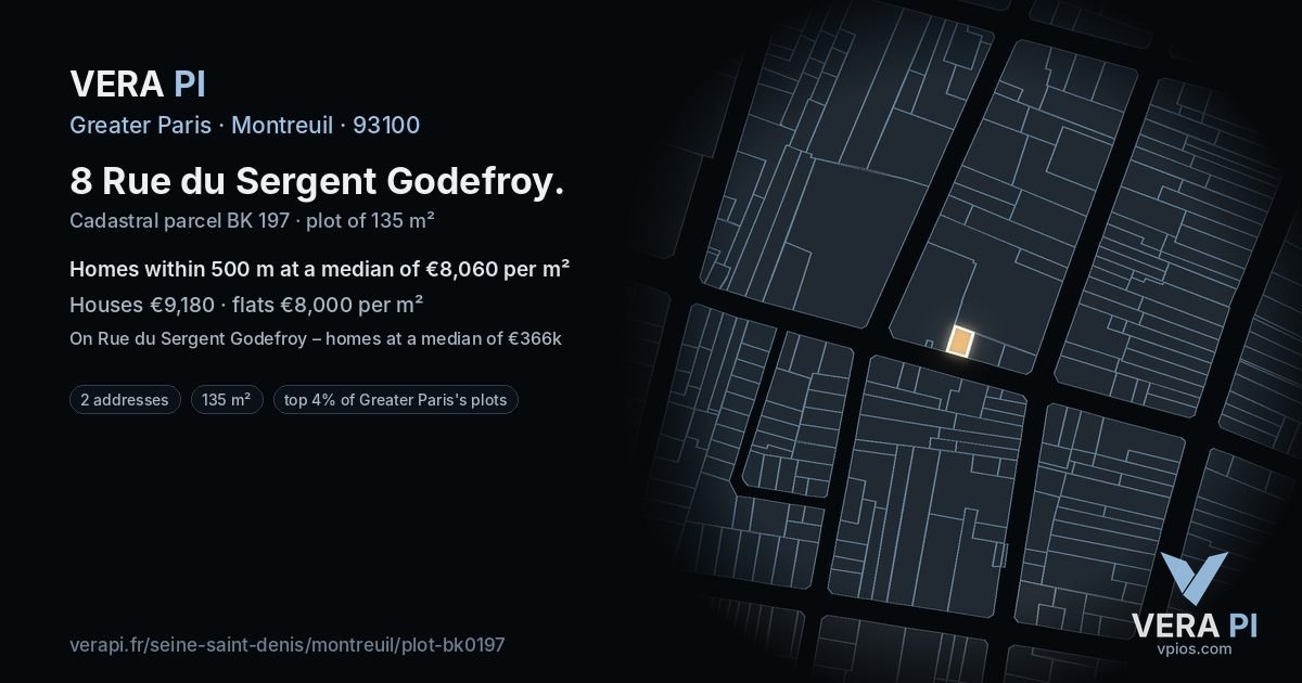8 Rue du Sergent Godefroy, Montreuil at night – the plot lit, the parcels around coloured by the prices near them