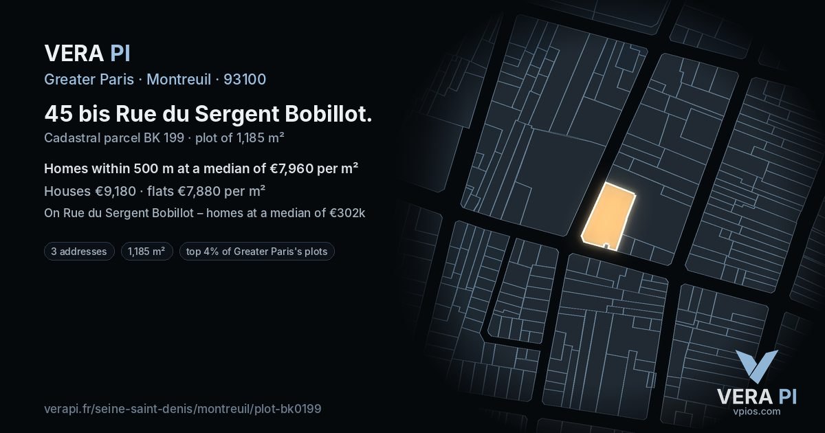 45 bis Rue du Sergent Bobillot, Montreuil at night – the plot lit, the parcels around coloured by the prices near them