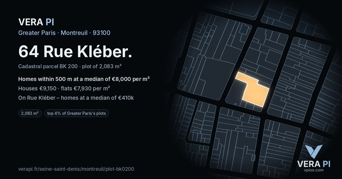 64 Rue Kléber, Montreuil at night – the plot lit, the parcels around coloured by the prices near them