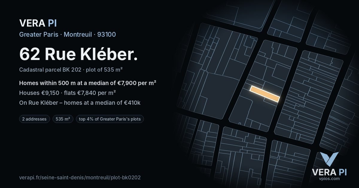 62 Rue Kléber, Montreuil at night – the plot lit, the parcels around coloured by the prices near them