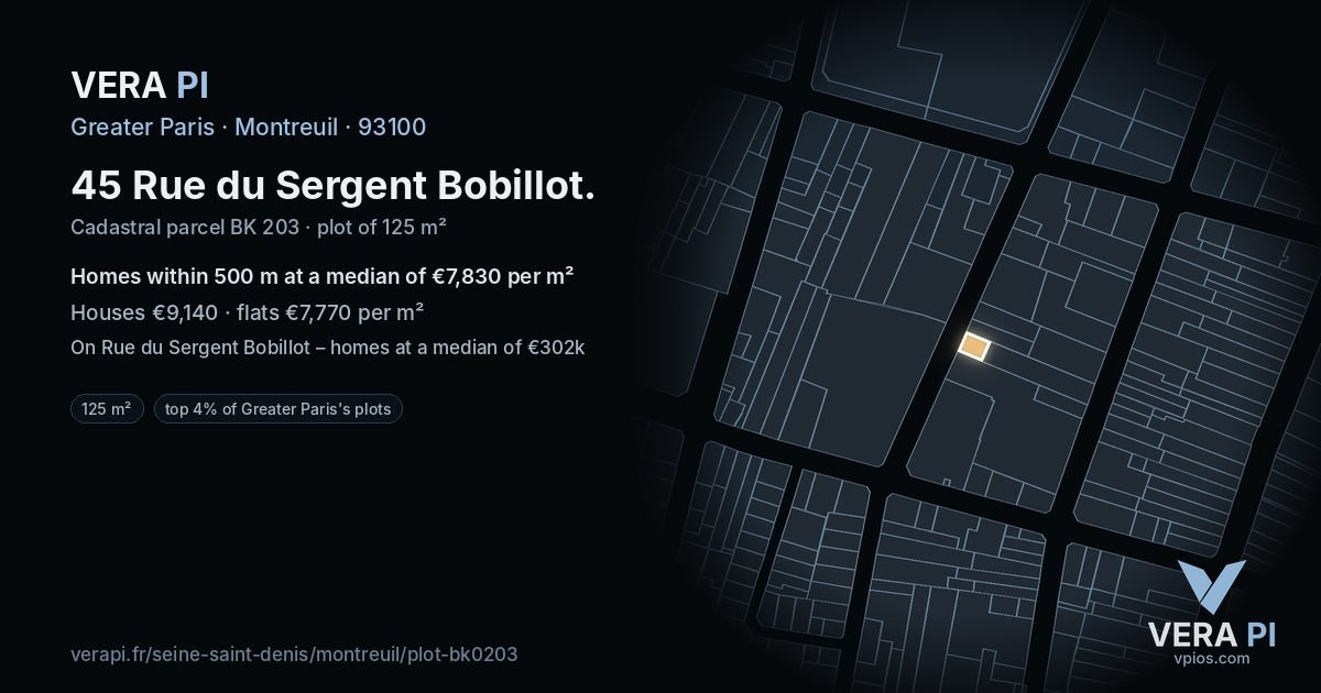 45 Rue du Sergent Bobillot, Montreuil at night – the plot lit, the parcels around coloured by the prices near them