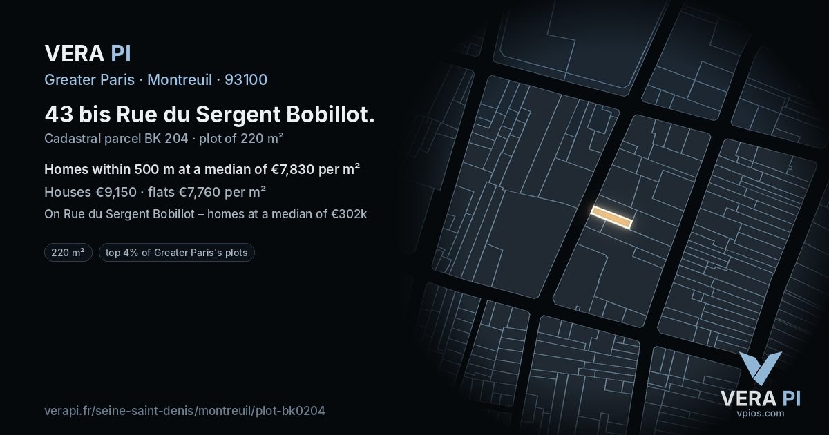 43 bis Rue du Sergent Bobillot, Montreuil at night – the plot lit, the parcels around coloured by the prices near them